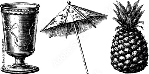Vintage engraved illustration set of pina colada glass, umbrella, and pineapple for retro design and decoration