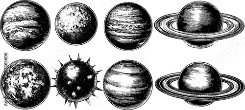 Vintage engraving collection of planetary spheres and celestial bodies for retro design