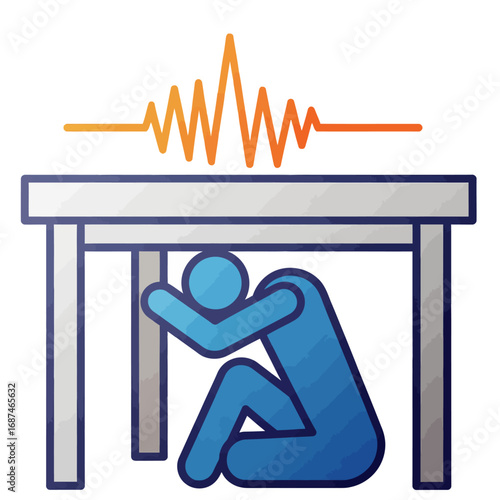 Earthquake safety infographic with person dropping, covering, and holding under a table during a seismic wave