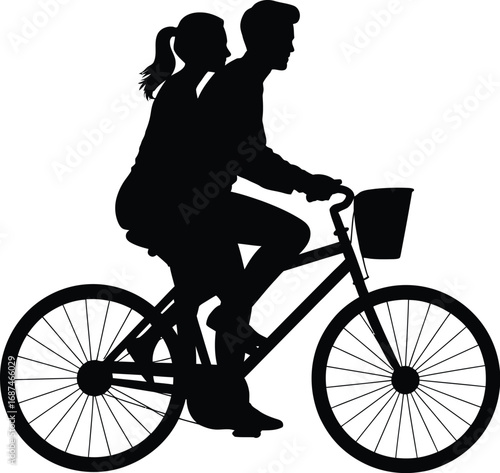 Couple riding tandem bicycle silhouette cycling