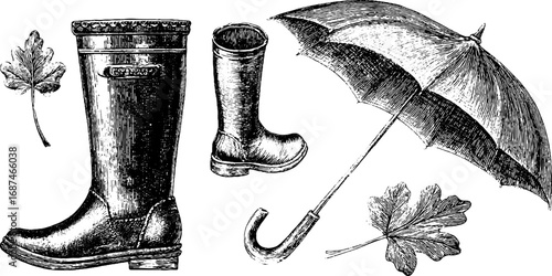 Vintage rain boot and umbrella engraving set with leaves for retro design