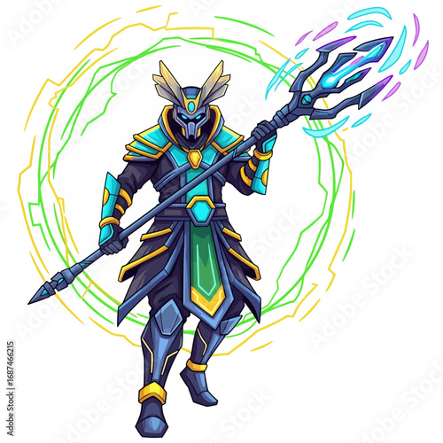 Futuristic shaman vector illustration with a cybernetic mage in armor, holding a magical glowing staff with dynamic energy effects