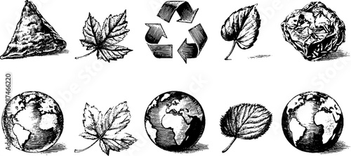 Engraved illustration set featuring recycle symbols, earth, and leaves for eco-friendly design