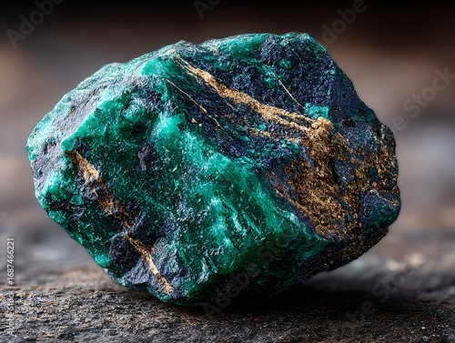 A single, large, rough emerald crystal with deep green hues and visible golden inclusions, displaying a complex crystalline structure and natural surface
