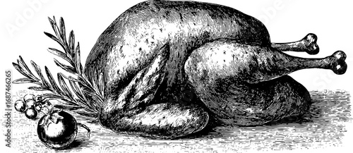 Vintage engraved illustration of roasted turkey with garnish for holiday feast design