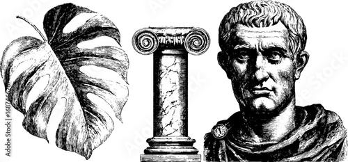Vintage engraved set of roman bust, column, and tropical leaf for retro design