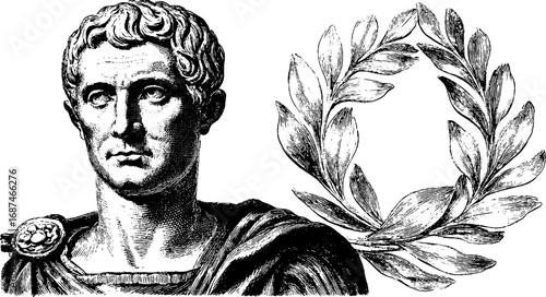 Roman bust with laurel wreath engraved illustration set