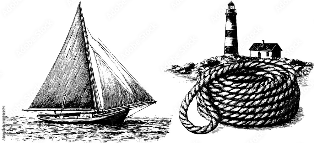 Fototapeta premium Nautical adventure theme with sailboat, rope, and lighthouse engraved illustration set for vintage decor