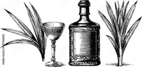 Engraved illustration set with rum bottle and sugarcane, vintage sketch hand drawn design.
