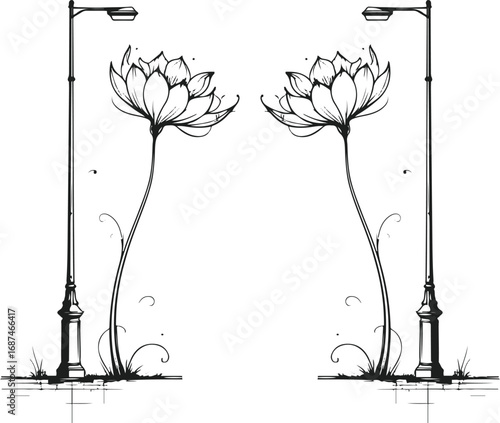 Minimal black and white line drawing of a street lamp blooming with flowers instead of light, surreal doodle vector style
