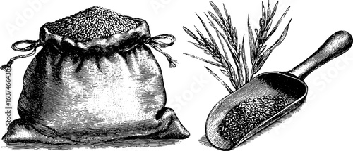 Vintage agricultural illustration set of sack and scoop of grain with wheat stalks for design