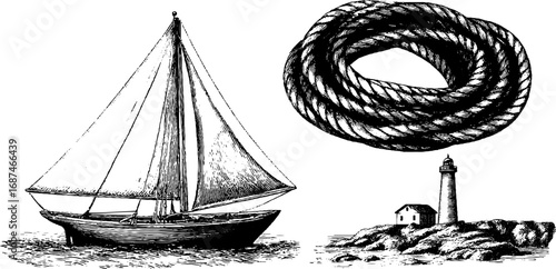 Nautical vintage collection: sailboat, rope, and lighthouse engravings for retro design