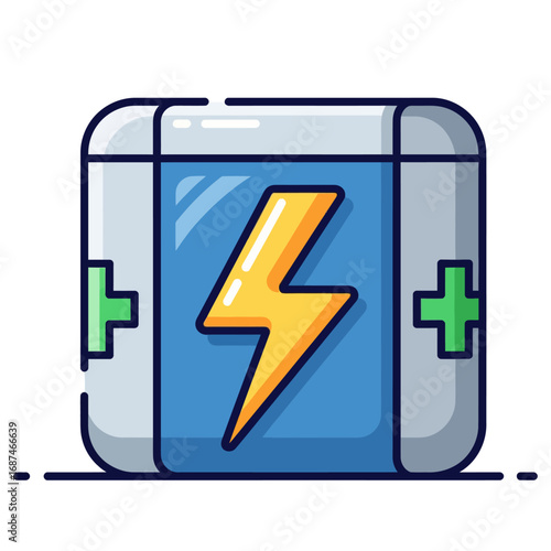 A power outage kit vector illustration of a portable power bank with a lightning bolt, representing emergency supplies and energy solutions