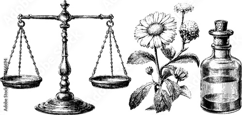 Engraved set of scales and chamomile with vintage apothecary bottle for retro design