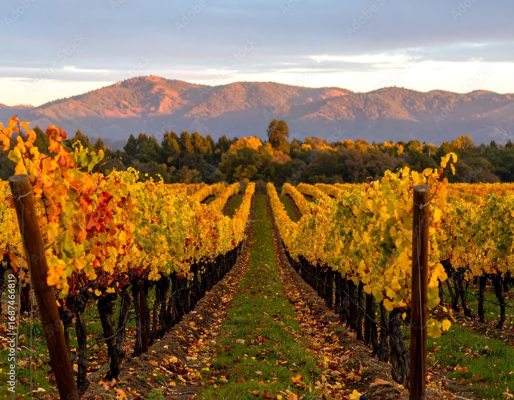 Naklejka premium Autumn vineyard landscape with mountains