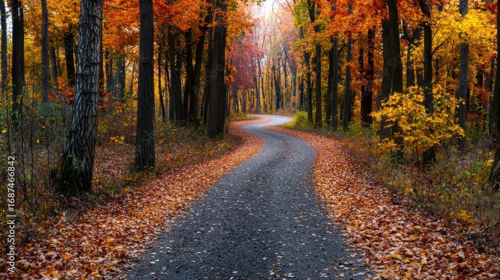Obraz premium Serene Autumn Road Winding Through a Vibrant Forest with Falling Leaves