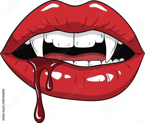 A cartoon of red lips with vampire fangs and dripping blood illustration
