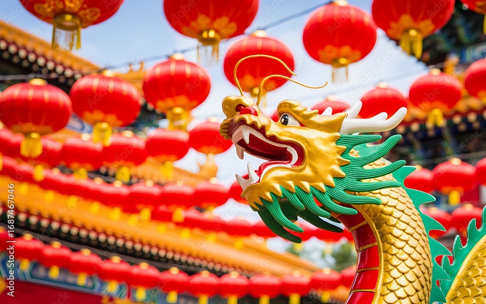 Fototapeta premium Golden Dragon Statue With Red Lanterns At A Temple Keywords: dragon, statue, golden, green, red