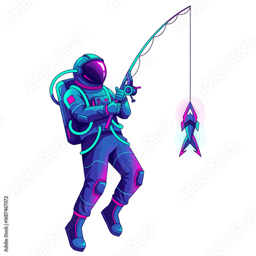 A space fisherman vector illustration of an astronaut fishing in space, representing galactic exploration, sci-fi hobbies, and cosmic adventure