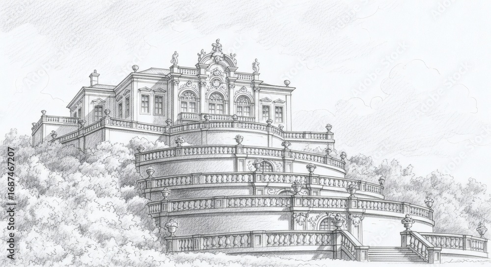 Obraz premium Detailed Castle Sketch An elegant historical estate on a terraced hill. Grand staircases and classical architecture create a majestic, timeless drawing