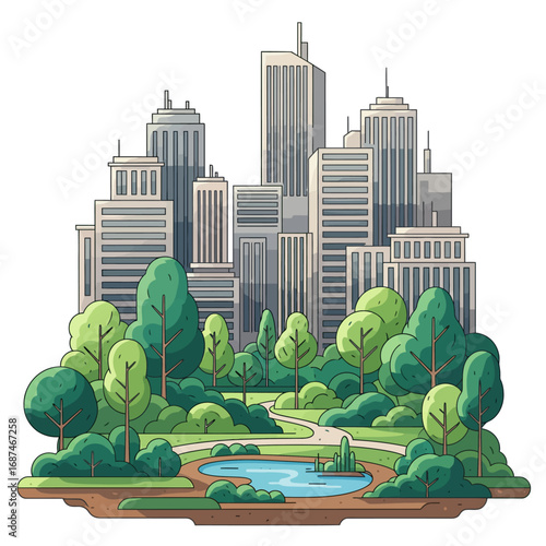 Urban rewilding vector illustration showing a city skyline with green park and lake for nature restoration and conservation