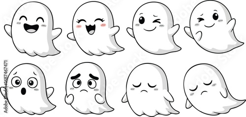 Cute ghost halloween spooky cartoon illustration vector clip art set