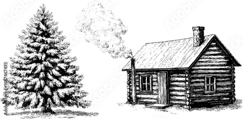 Vintage engraved illustration of snow covered cabin and pine tree for winter design