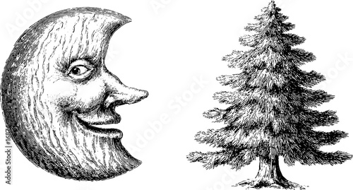 Vintage engraved illustration set of snow spirit figures: moon and evergreen tree for retro design