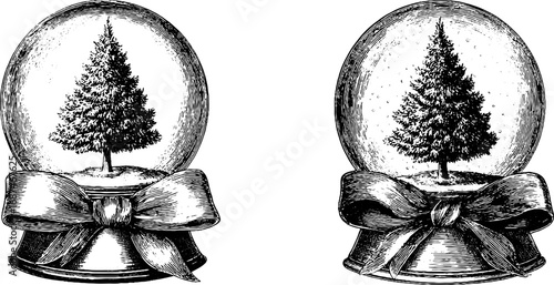 Vintage engraved snow globe and fir tree collection for holiday design