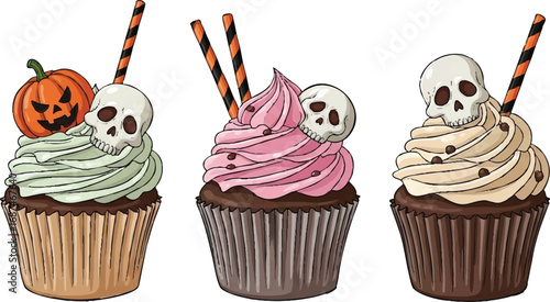 Halloween Cupcakes with Skull Toppers Illustration