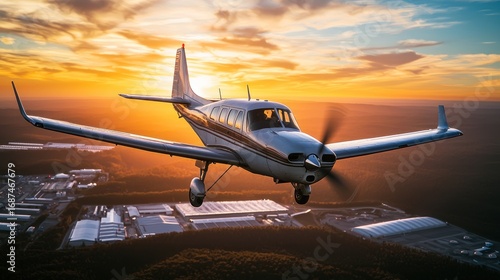 A small aircraft soaring through a vibrant sunset with a distant airfield below.