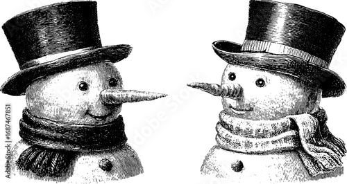 Vintage engraved illustration of snowman with top hat and scarf set for winter decor