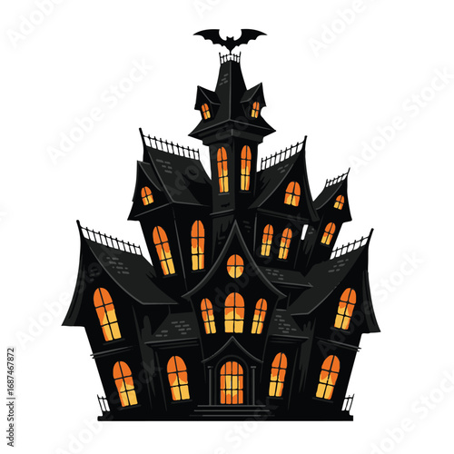 Illustration of a spooky haunted house with glowing windows