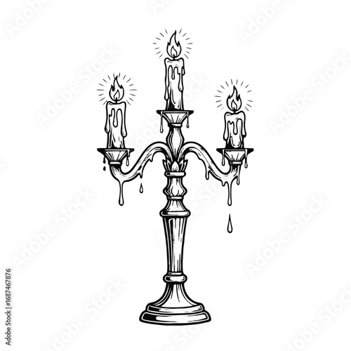 Dripping candelabra with three lit candles isolated on white background
