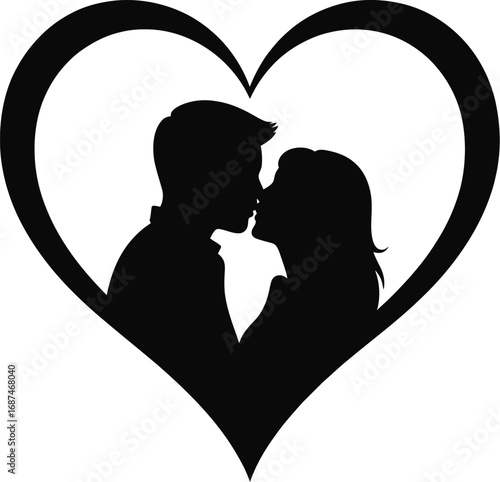 Couple kissing silhouette inside heart love