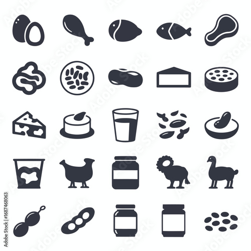 Collection of food icons representing protein sources and dairy products
