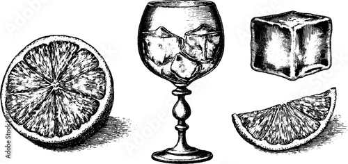Vintage engraved set of spritz glass with orange and ice cube silhouettes for beverage design