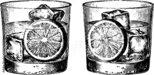 Vintage engraved illustration set of spritz glass with orange slices and ice cubes