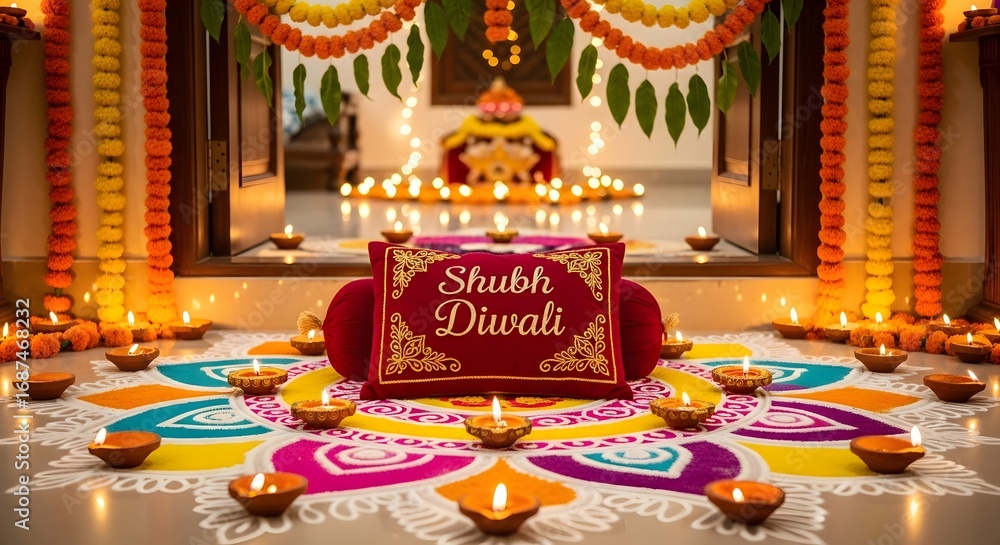 Obraz premium Traditional Shubh Diwali Decoration with Colorful Rangoli, Lit Diyas, Marigold Flowers and Festive Lights in Indian Home Celebration