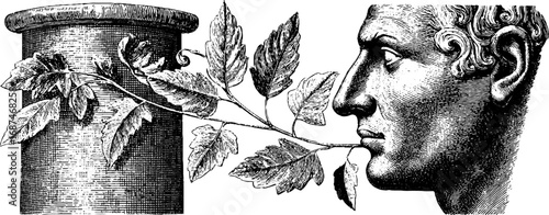 Engraved illustration of classical statue head with leaf branch - vintage art for design