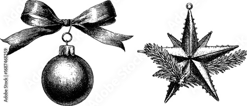 Vintage holiday decoration sketches: star ornament and ribbon bauble for festive design