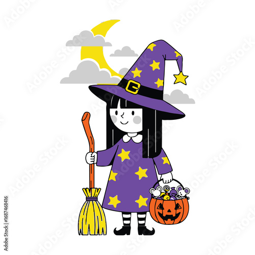 Cute witch with broom and candy bucket isolated on white background