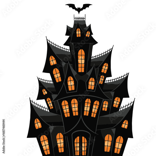 Spooky haunted house with glowing windows and bat