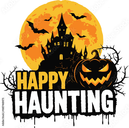 Happy haunting text with spooky castle and pumpkin isolated on white background