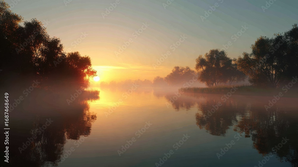 Fototapeta premium misty morning lake sunrise