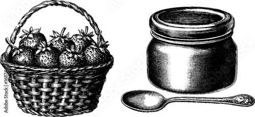 Engraved illustration set of strawberry basket and jam jar for vintage design projects