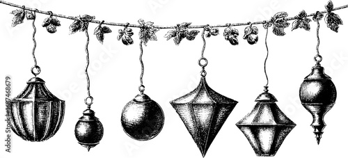 String lights with bulb engraved illustration set, vintage sketch hand drawn design.
