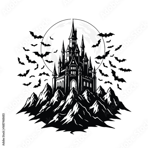 Gothic castle on mountain with bats and moon