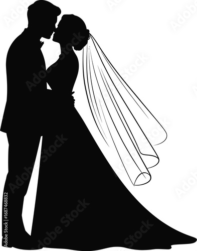 Bride groom silhouette kissing veil wedding couple