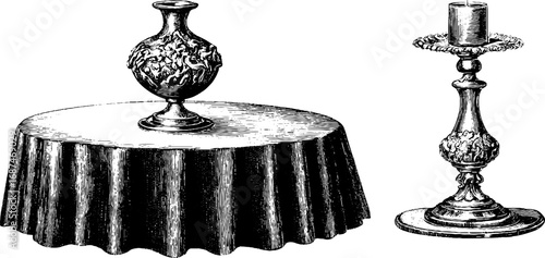 Vintage home decor: hand drawn engraving of tablecloth with vase and candlestick set